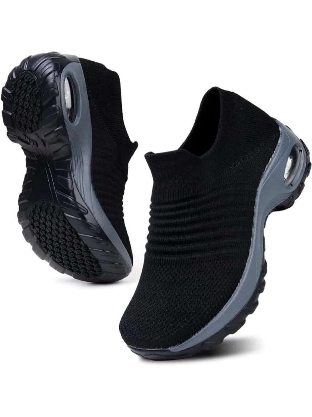 Women's Black Walking Arch Support Non Slip Breathable Knit Upper Sneaker Shoes